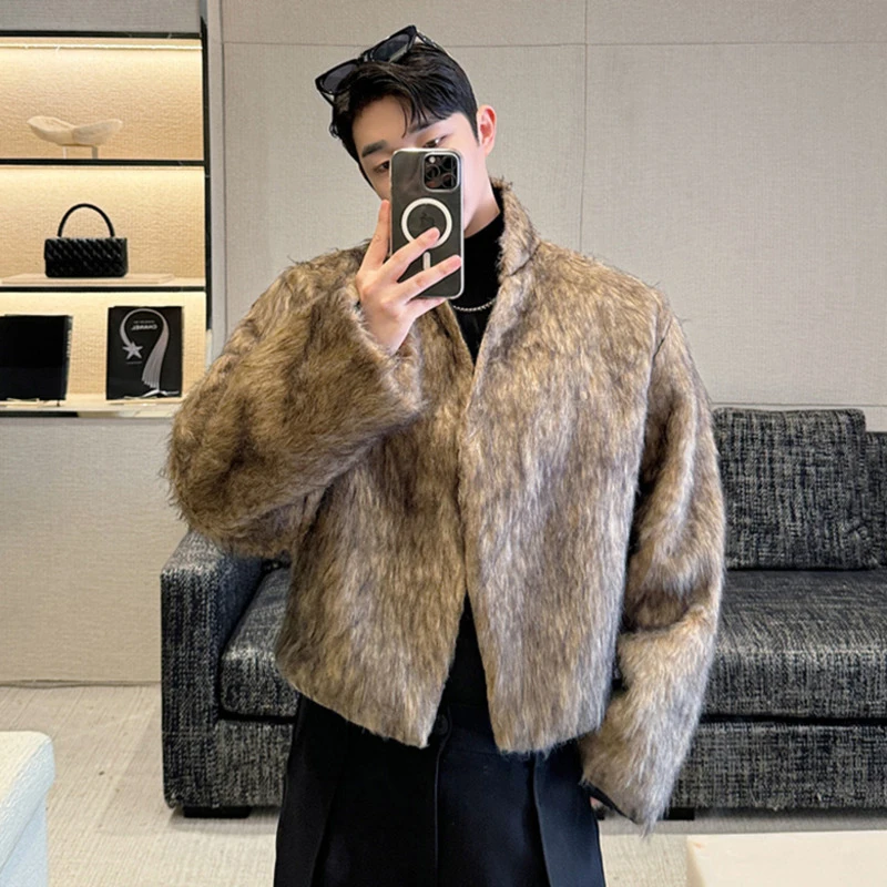 IEFB American Style Men\'s Faux Fur Coats Casual Solid Color Stand Collar Luxury Buttonless Loose Male Jackets New Autumn 9C8114