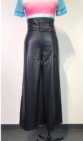 2024 Fashion Hot Selling Pu Leather Zipper Pocket Design High Waist Women's Nightclub Metal Belt Wide Leg Pants