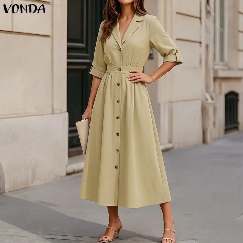 Summer 3/4 Sleeve Women Dress Fashion Sundress VONDA OL Work Shirt Dresses Streetwear Solid Color Vestidos Oversize S-3XL