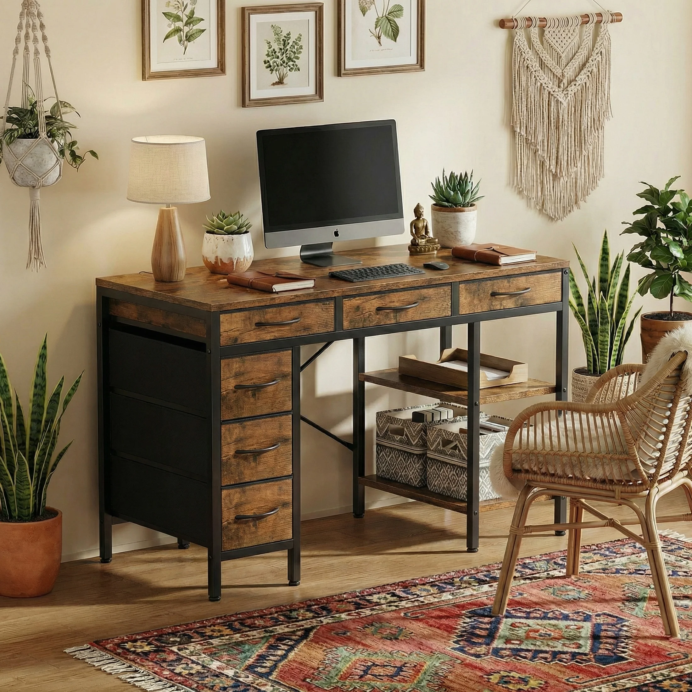 MCQ 55 Inch Office Computer Desk With 6 Fabric Drawers Standing Ergonomic Gaming Desk With Storage Shelves Reversible Gaming Desk For Home Office Small Space