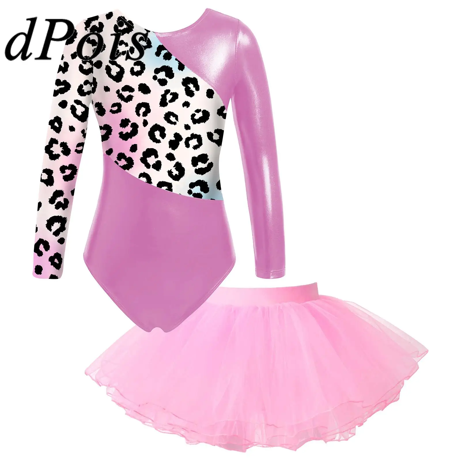 

Kids Girls Long Sleeve Printed Patchwork Dance Leotard with Skirt Ballet Tutu Dress Gymnastics Jumpsuit Performance Costume