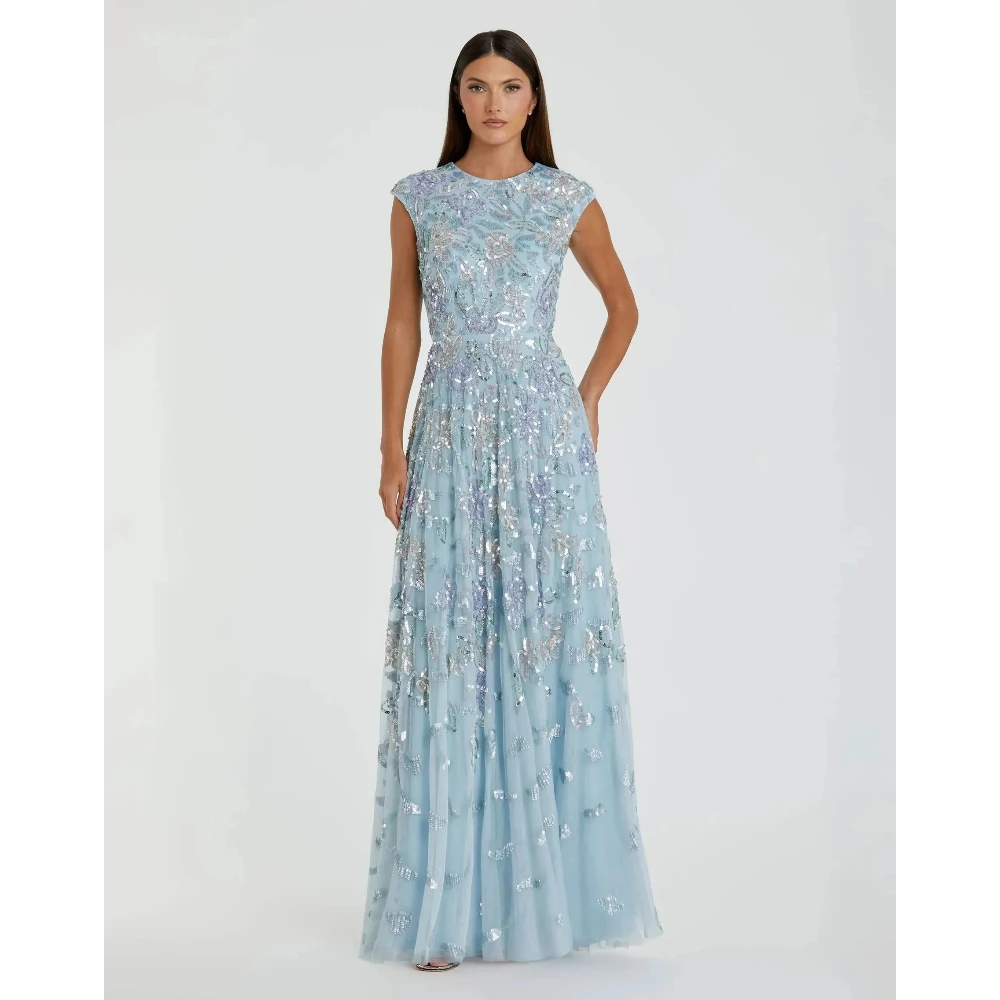 Glitzernde Ballkleider mit O-Ausschnitt, ärmellos, Tüll, plissiert, A-Linie, bodenlang, Abendkleider, maßgeschneidertes, modisches Partykleid mit Pailletten