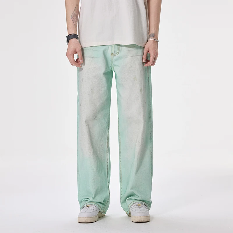 

JK9670 флуоресцентные уличные потертые мятно-зеленые джинсовые джинсы мужские модные уличные свободные прямые широкие брюки