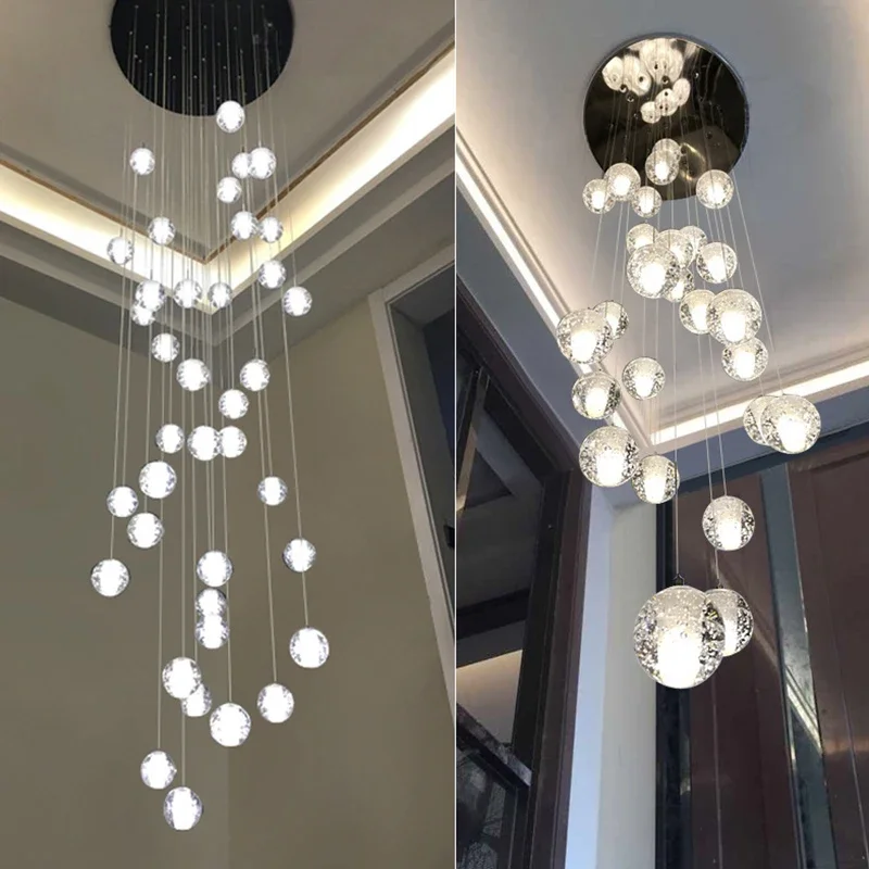 LED Crystal Glass Ball Staircase Chandeliers Pendant Lights Living Room Villa Hall Decor Hanging  Lamp Luxury Suspension