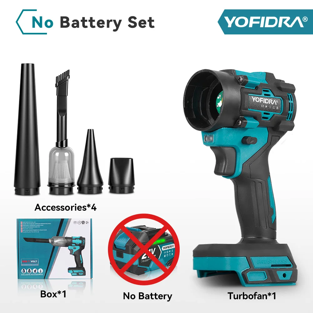 YOFIDRA Borstelloze Elektrische 2-in-1 Turbo Blaas- en Zuigfan & Stofzuiger 1000Pa Bladblazer voor Makita 21V Accu