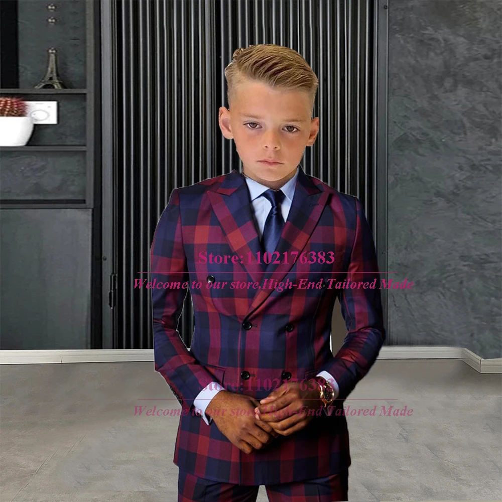 Banquet Boy Suits For Wedding Double Breasted Blazer With Pants 2 Pieces Plaid Check Kids Dress Tailore-Made Children Clothing