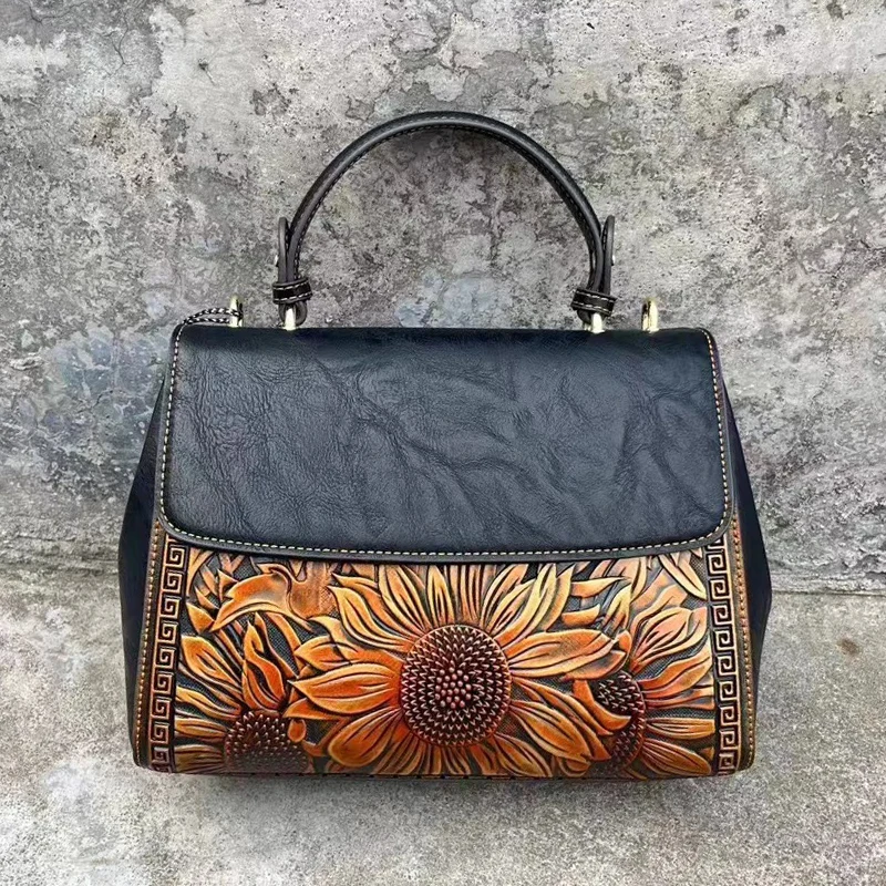 MOTAORA 2024 New Retro Leather Handbag Woman Luxury Designer Handbags Embossed Sunflower Women Shoulder Bags With Shoulder Strap