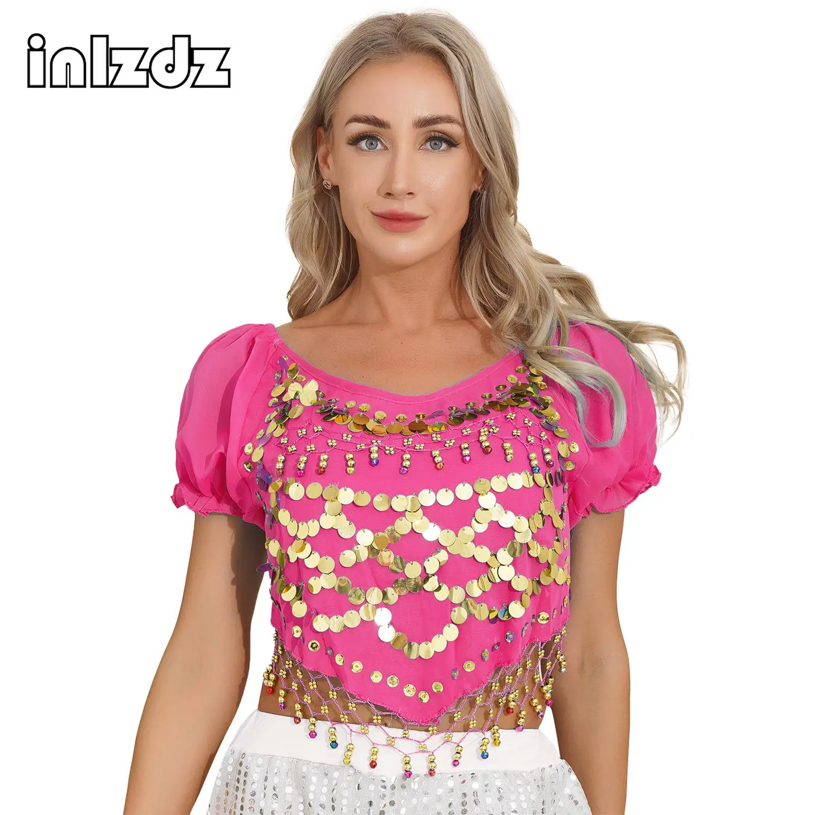 Womens Dancewear Belly Dance Sequined Beaded Tops Short Puff Sleeve Irregular Hem Crop Top for Stage Performance Halloween Party