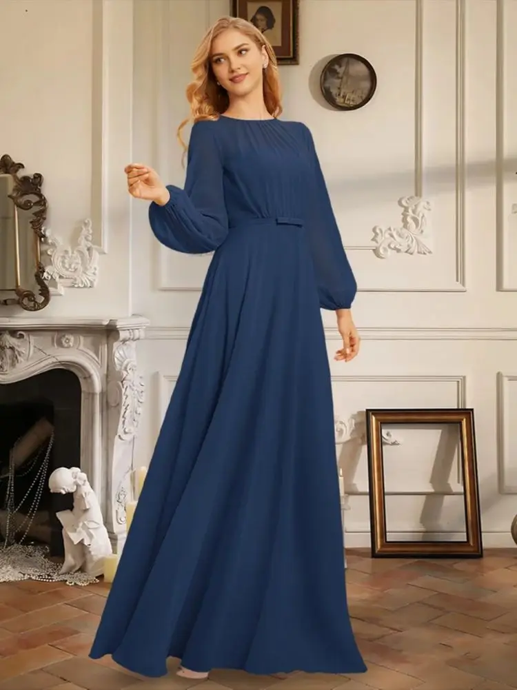 WMI Luxury A-Line Chiffon Bridesmaid Dresses Floor-Length Scoop Long Sleeve Bow 2026 Wedding Party Evening Guest Dress Women