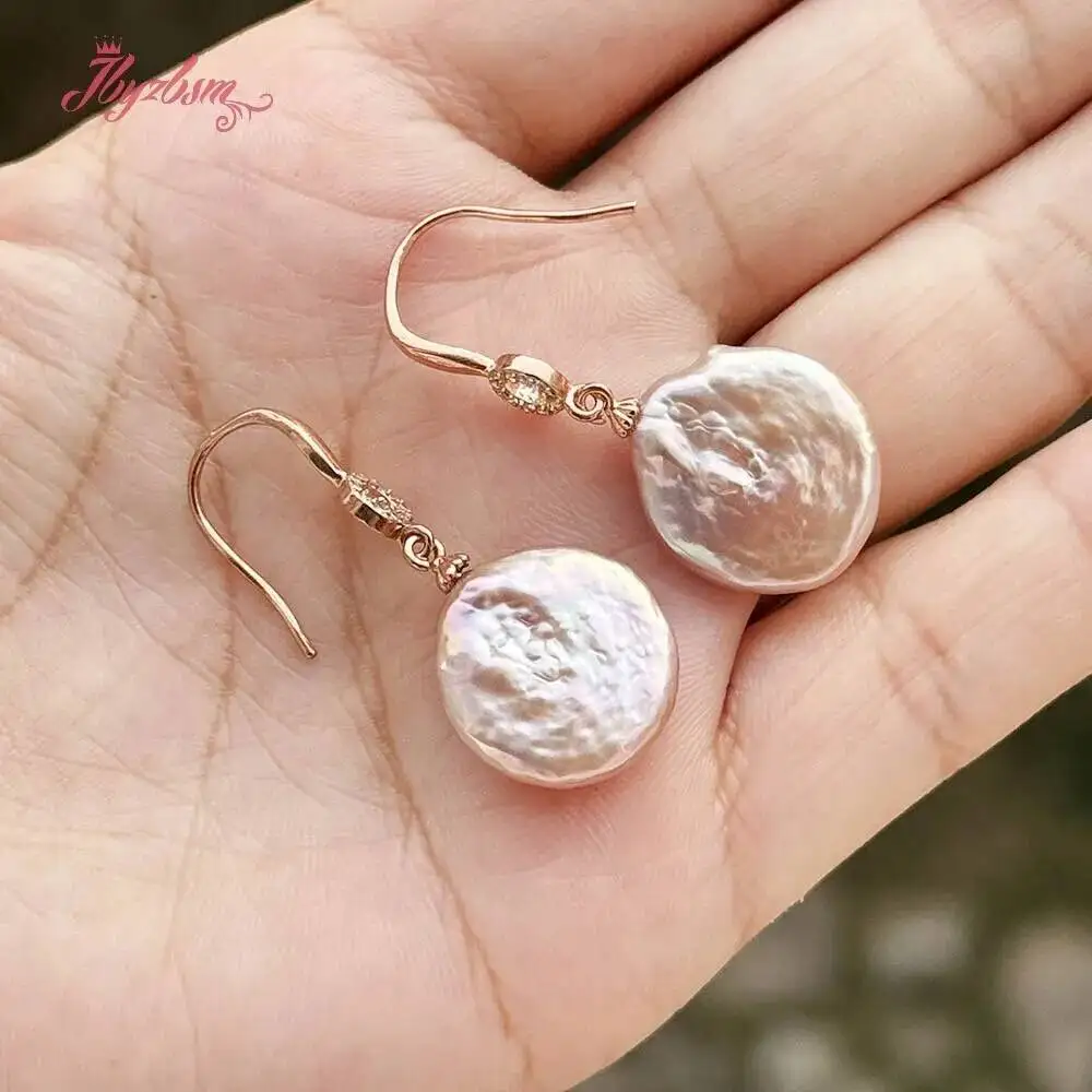 14-15mm Coin White Purple Natural Keshi Edsion Freshwater Pearl Classical Dangle Hook Earring Jewelry 1 Pair fo Women Gift