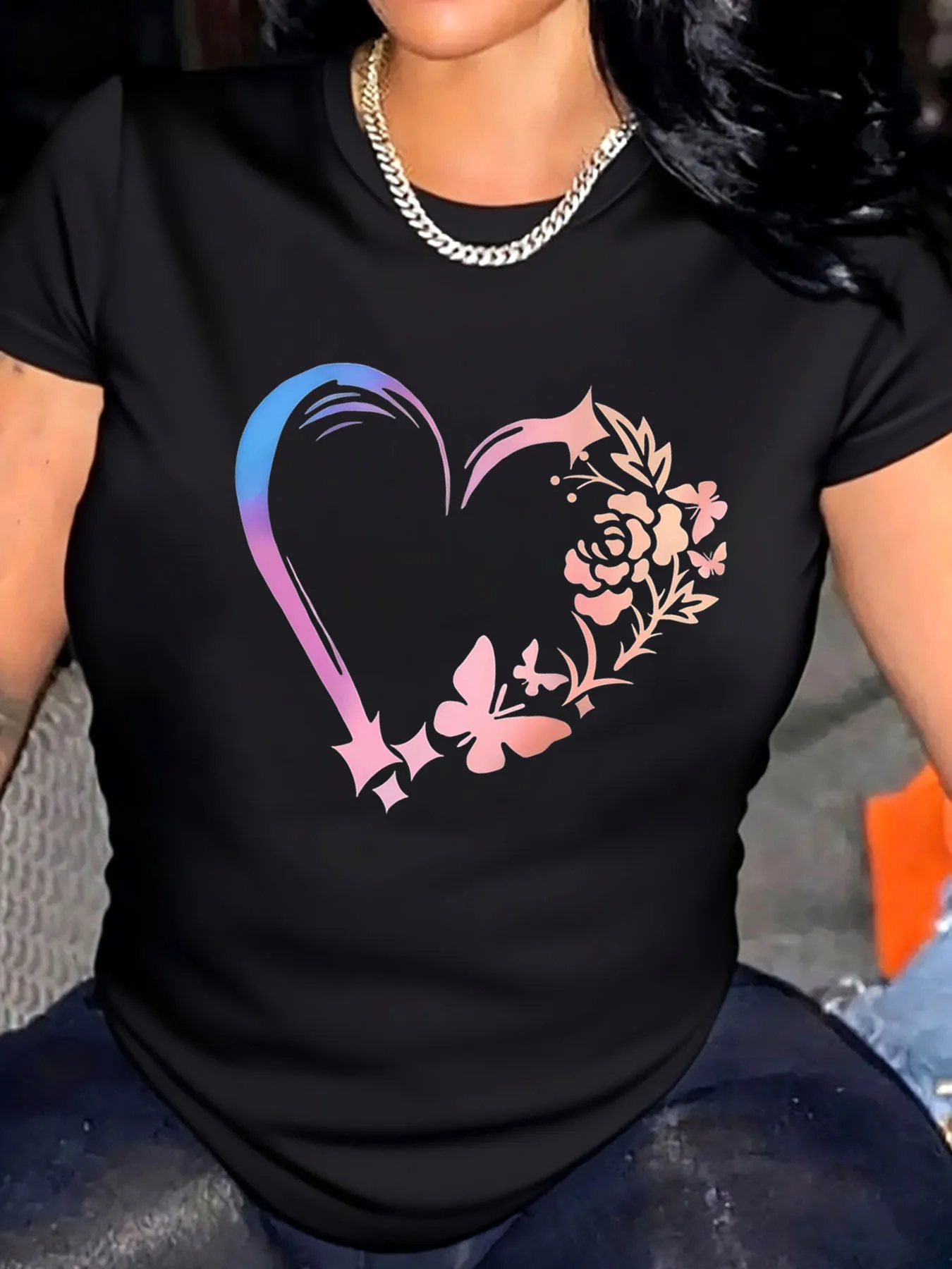 

Женская футболка больших размеров на день Святого Валентина, сердце, цветок, бабочка, принт, уличная одежда