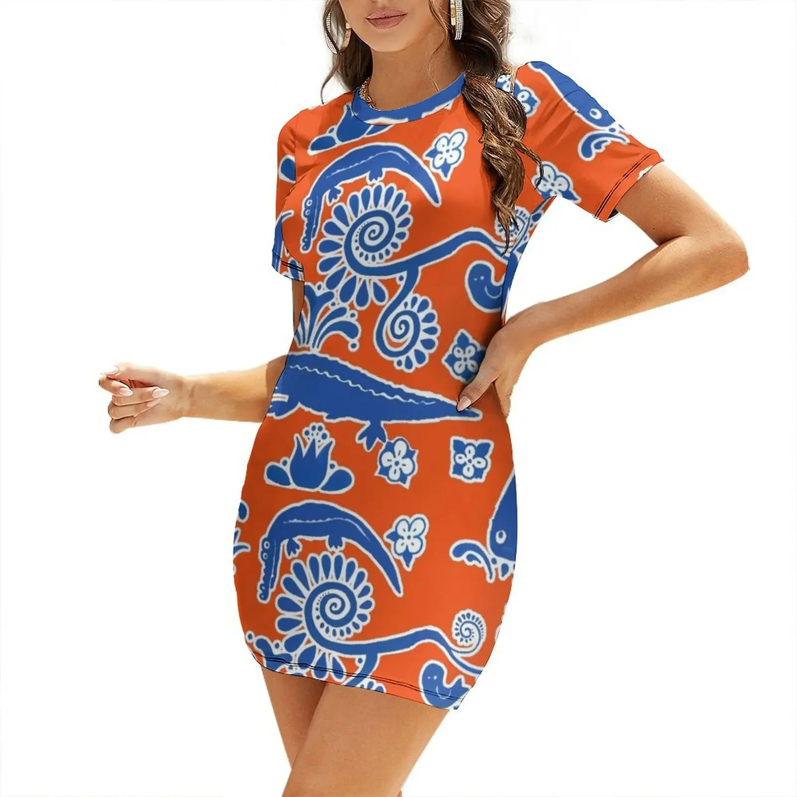 

Gator Toile Orange and Blue Short-Sleeved Dress women evening dress Women dresses summer women formal occasion dresses Dress