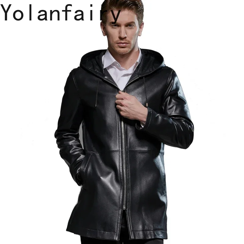 

YOLANFAIRY 2025 Men's Genuine Leather Jacket Hooded 100% Sheepskin Coat Long Windbreaker Chaqueta Cuero Hombre 181719 KJ2291