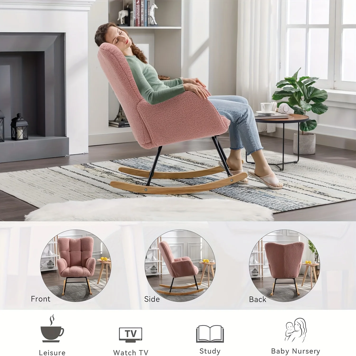 Rocking Chair Nursery, Modern Glider Chair with Solid Wood Legs, High Backrest Nursery Chair, Rocker Armchair Room Bedroom