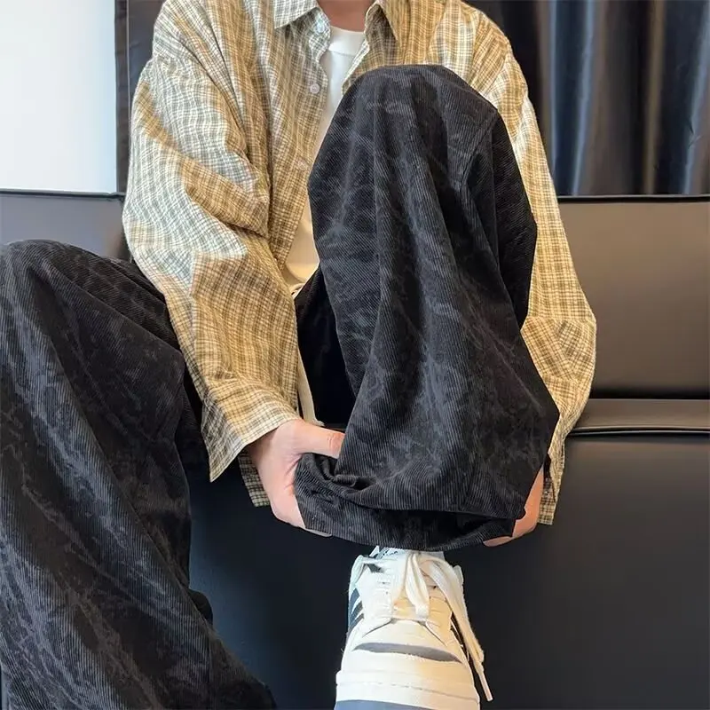 

Corduroy Wide Leg Pants Men's Trendy Brand American Dyed Casual Long Pants Autumn Winter Fleece Lined Thick Warm Straight Leg...