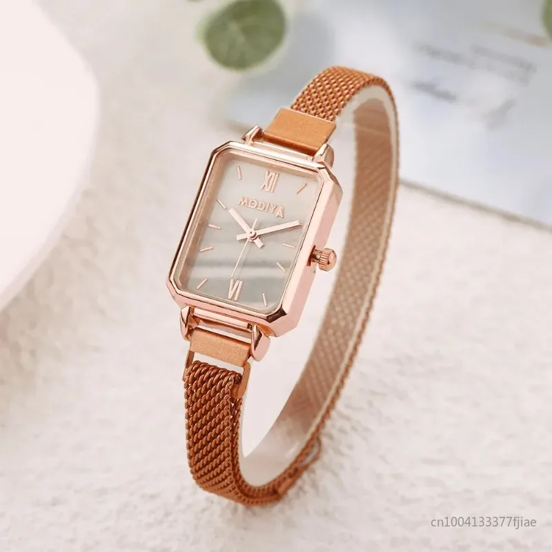 Women Watches Fashion Square Ladies Quartz Watch Magnetic Strap Green Dial Simple Rose Gold Mesh New Luxury Women Watches Clock