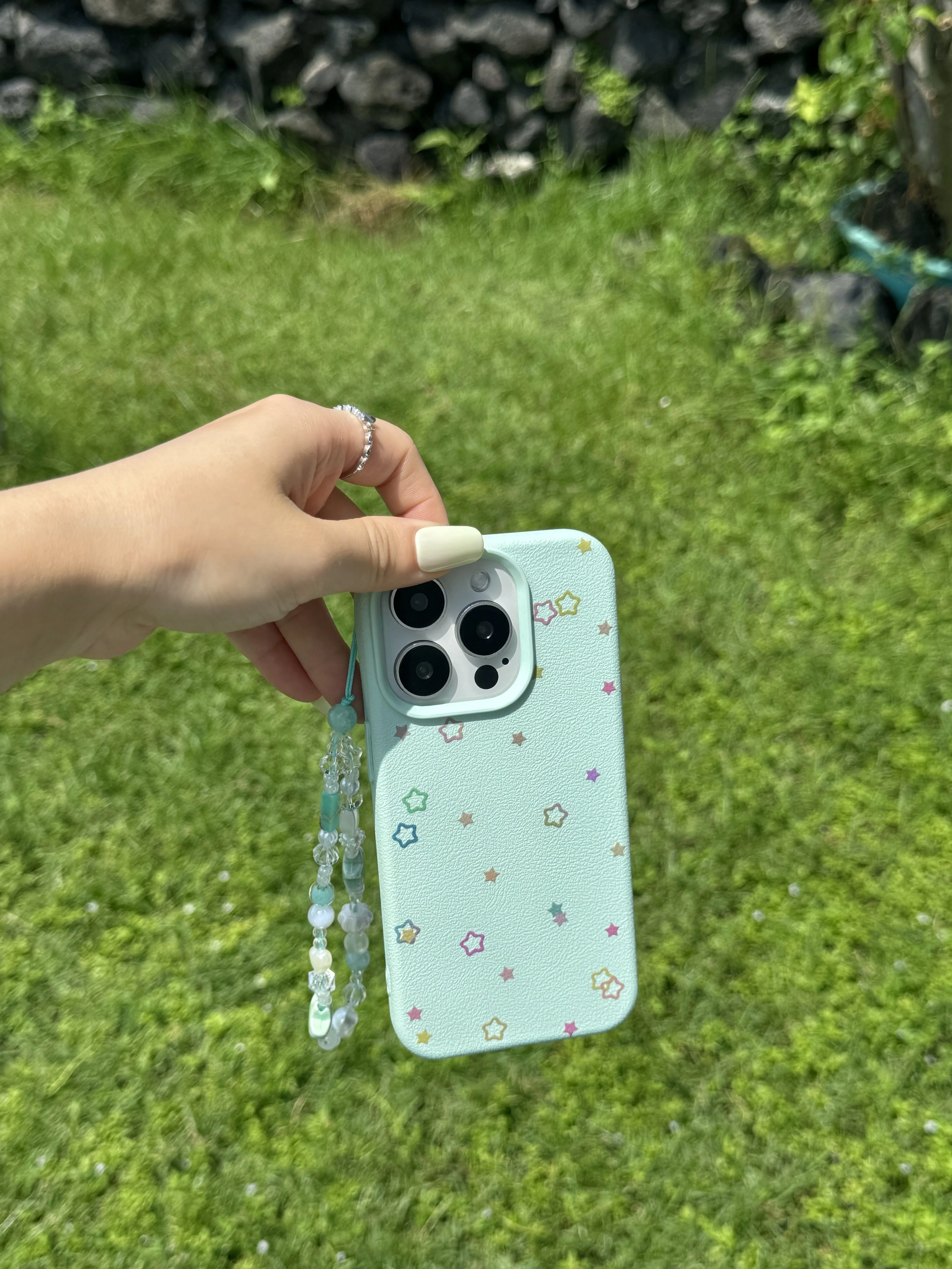 Coque de téléphone en cuir vert menthe pour iPhone, coque arrière, petites étoiles, cordon de poignet Bergame, coréen INS, 16, 15, 14, 13 Pro Max