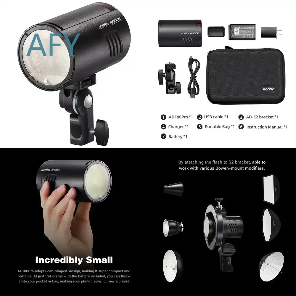 AD100Pro for Camera Flash 100Ws TTL 2.4G Wireless HSS 1/8000s Pocket Speedlight with 7.2V 2600mAh Li Ion Battery 360 Full