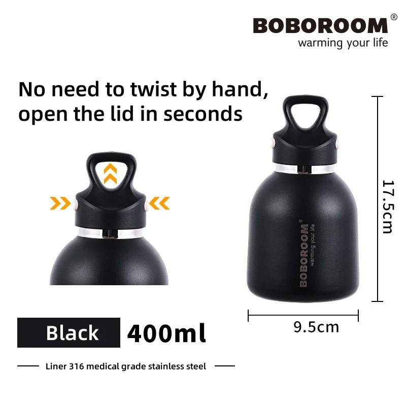 

BOBOROOM Stainless Steel Big Belly Cup Thermos Portable Vacuum Flask Insulated Tumbler With No Screw Lid Thermo Bottle 400ml