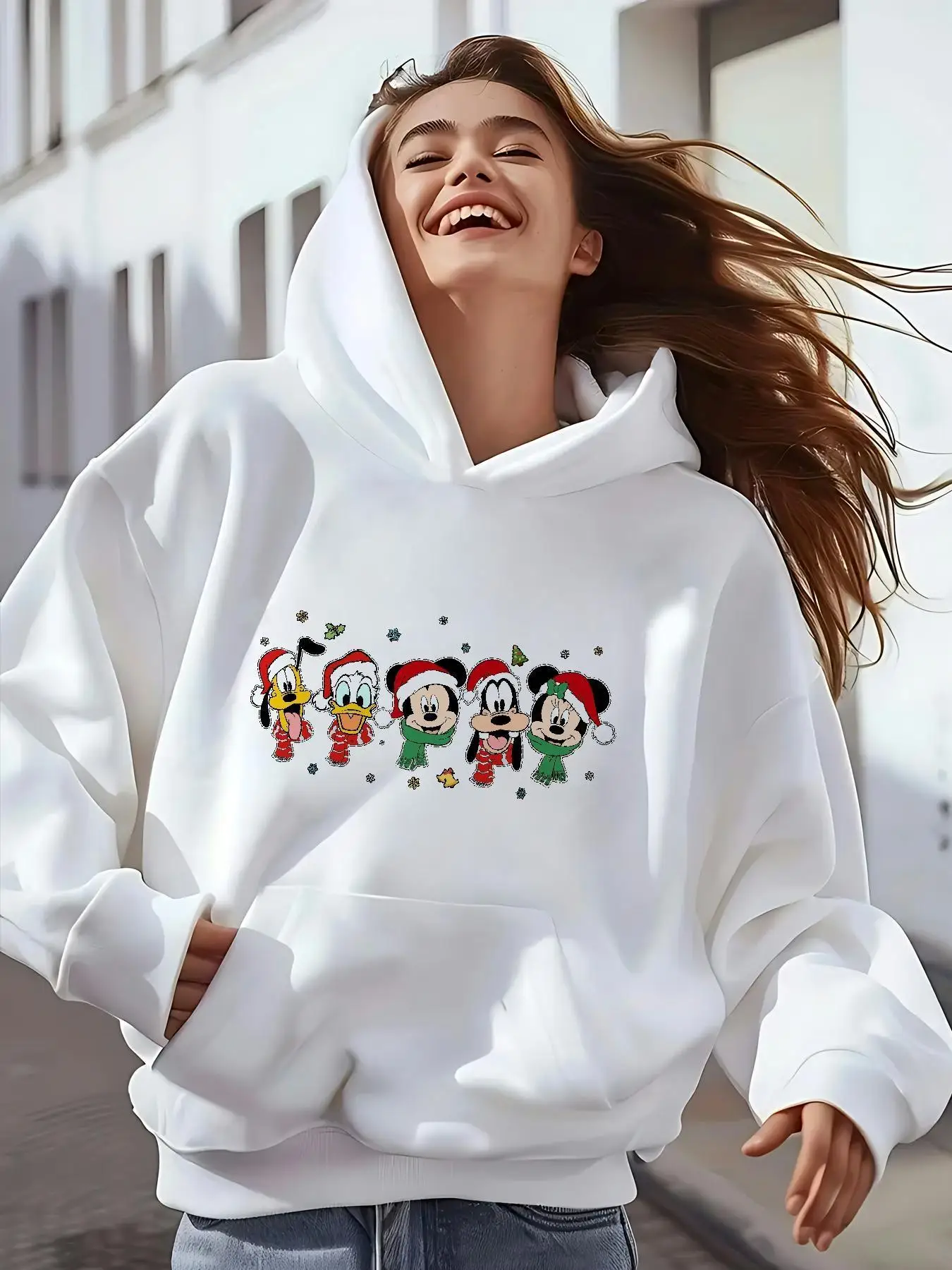 

Women Disney Mickey Mouse Christmas Hoodies Oversized Streetwear Unisex Sweatshirts Autumn and Winter Fleece Casual Versatile