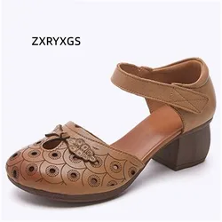 ZXRYXGS Classic Printing Side Air Round Toe Sandals Genuine Leather Shoes 2025 Summer Thick Mid Heel Women Sandals Banquet Shoes