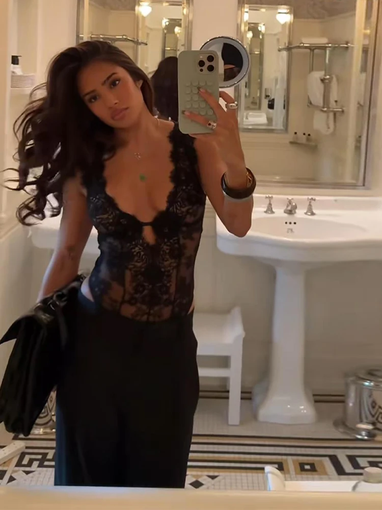 Sexy Women Bodysuit Lace Sleeveless Hollow Out U-neck Backless Female Vest Chic Summer 2026 Evening Party Lady Jumpsuit
