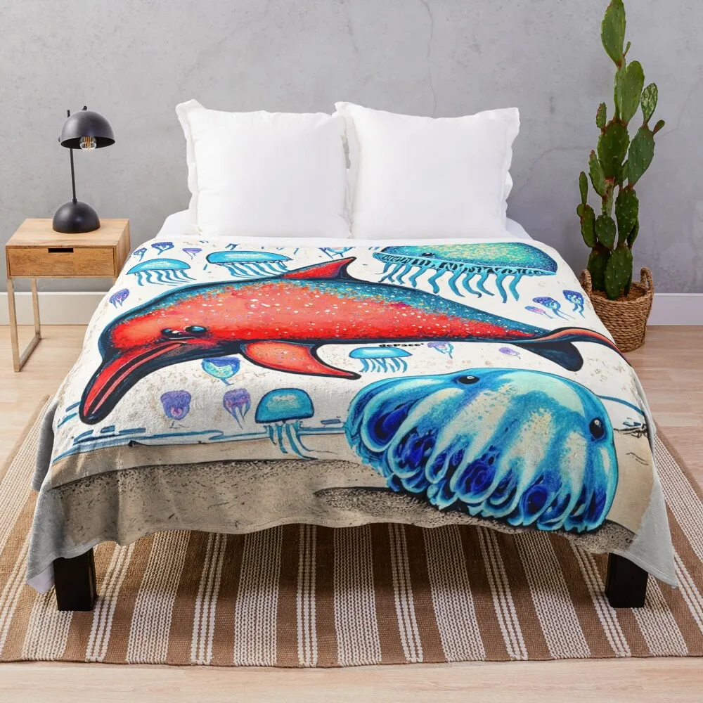 Dolphine and Jelly Fish on a Sandy Beach - dePace' Throw Blanket funny gift Personalized Gift Blankets