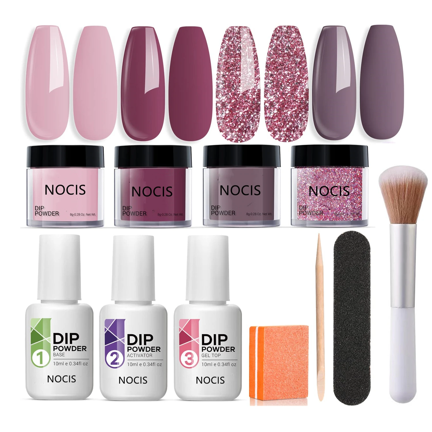 Dip Powder Nail Kit Starter, 4 Colors Nude Pinkish Glitters Acrylic Dipping Powder System Liquid Set With Base/Top Coat Activato