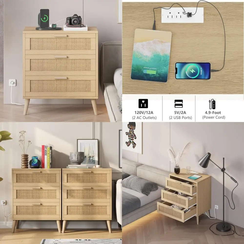 

Rattan Nightstand with Charging Dock, 3-Drawer Rattan End Table, Bedside Storage Table with USB Port