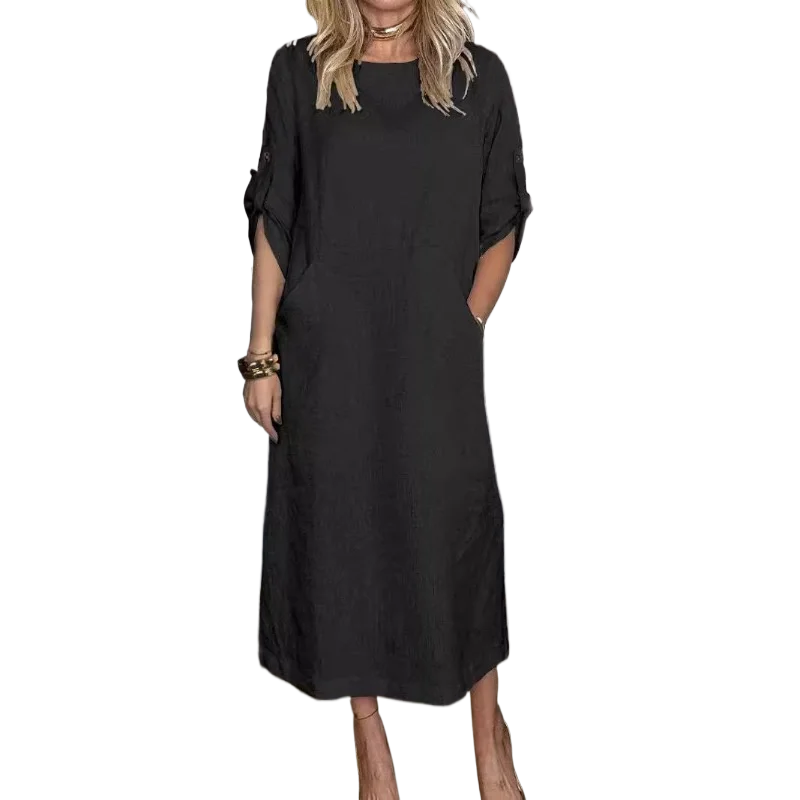 

2025 Spring Autumn Women's Cotton Line Casual Loose Pocket Mid-length Dress Streetwear Ladies O-Neck Solid Triple Sleeve Dresses