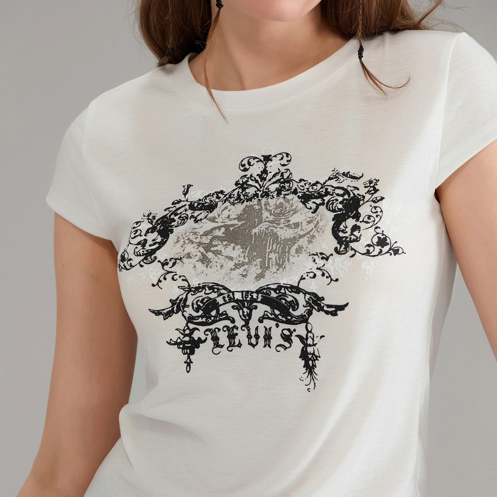 Camiseta básica informal de manga corta Rero para mujer, camisetas ajustadas con estampado vintage y cuello redondo con ombligo descubierto