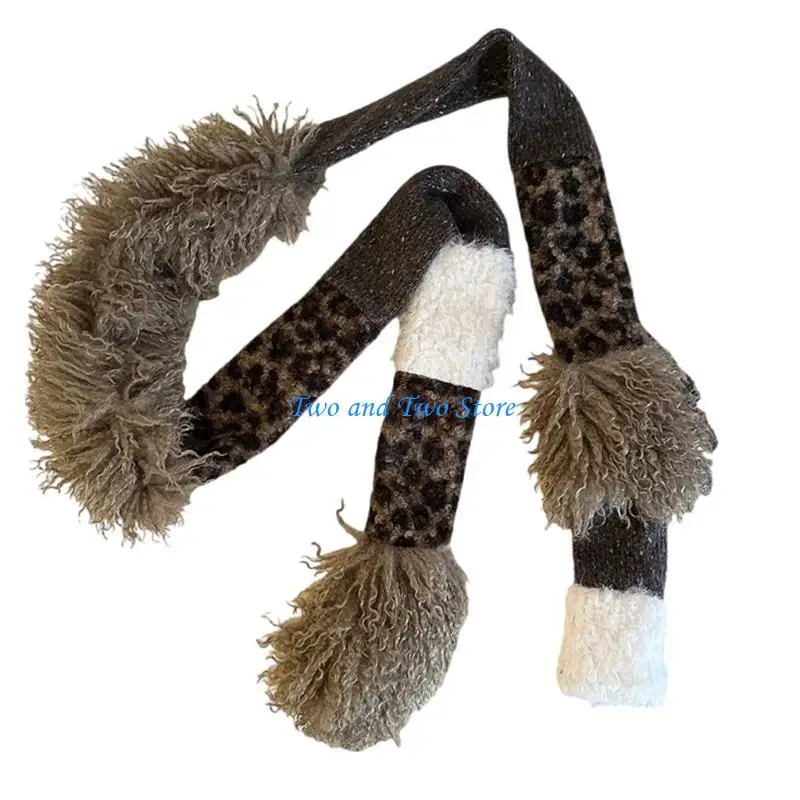 HX6F Sciarpa lavorata a maglia per donna Sciarpa collo con stampa leopardata Sciarpa per ragazze Puntelli per foto Fazzoletto