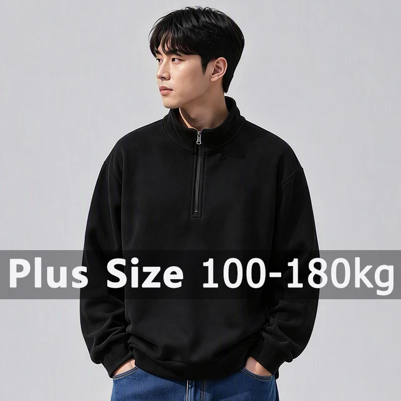 Plus Size Men Sweatshirt Autumn Winter Long Sleeve Pullover 5XL 6XL 7XL 100-180kg Zip Solid Color Tops Big Size Men Clothing