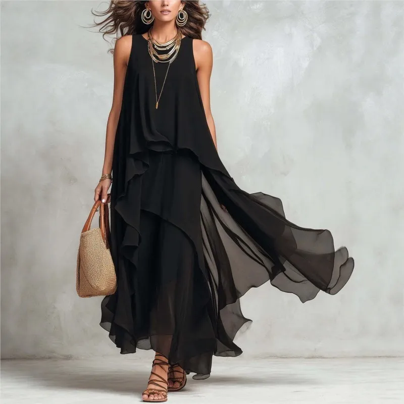 

Black Sleeveless Irregular Chiffon Long Dress Stacked Ruffled edges Sleeveless Vest Maxi Dresses Elegant Temperament For Women