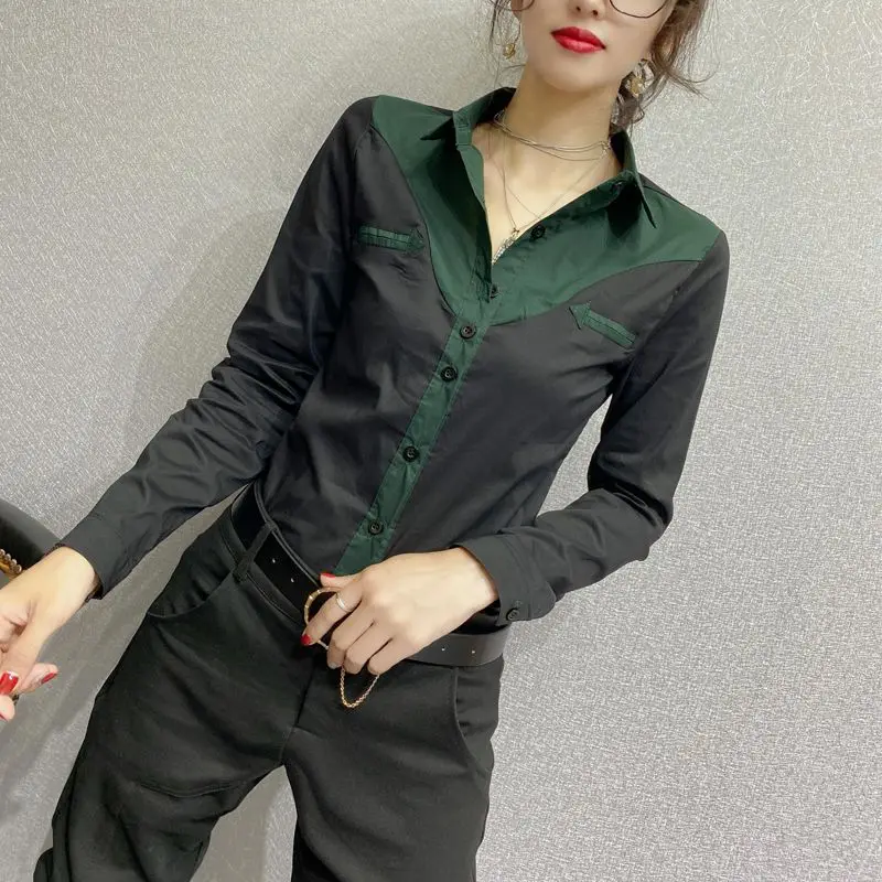 Fashion Slim Solid Color Spliced Shirt Commute Turn-down Collar Women\'s Clothing Single-breasted Spring Autumn All-match Blouse