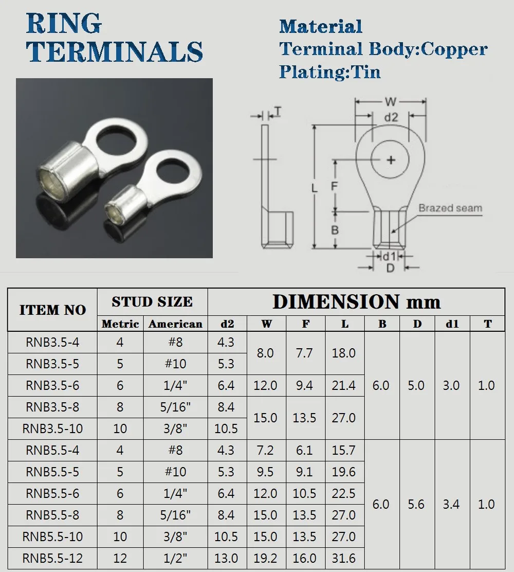 50-200PCS Non Insulated Crimp Terminals Pure Copper Ring Terminals Use For Cable 2.5-6mm² RNB3.5/5.5-4/6/8/10 Wire Connectors