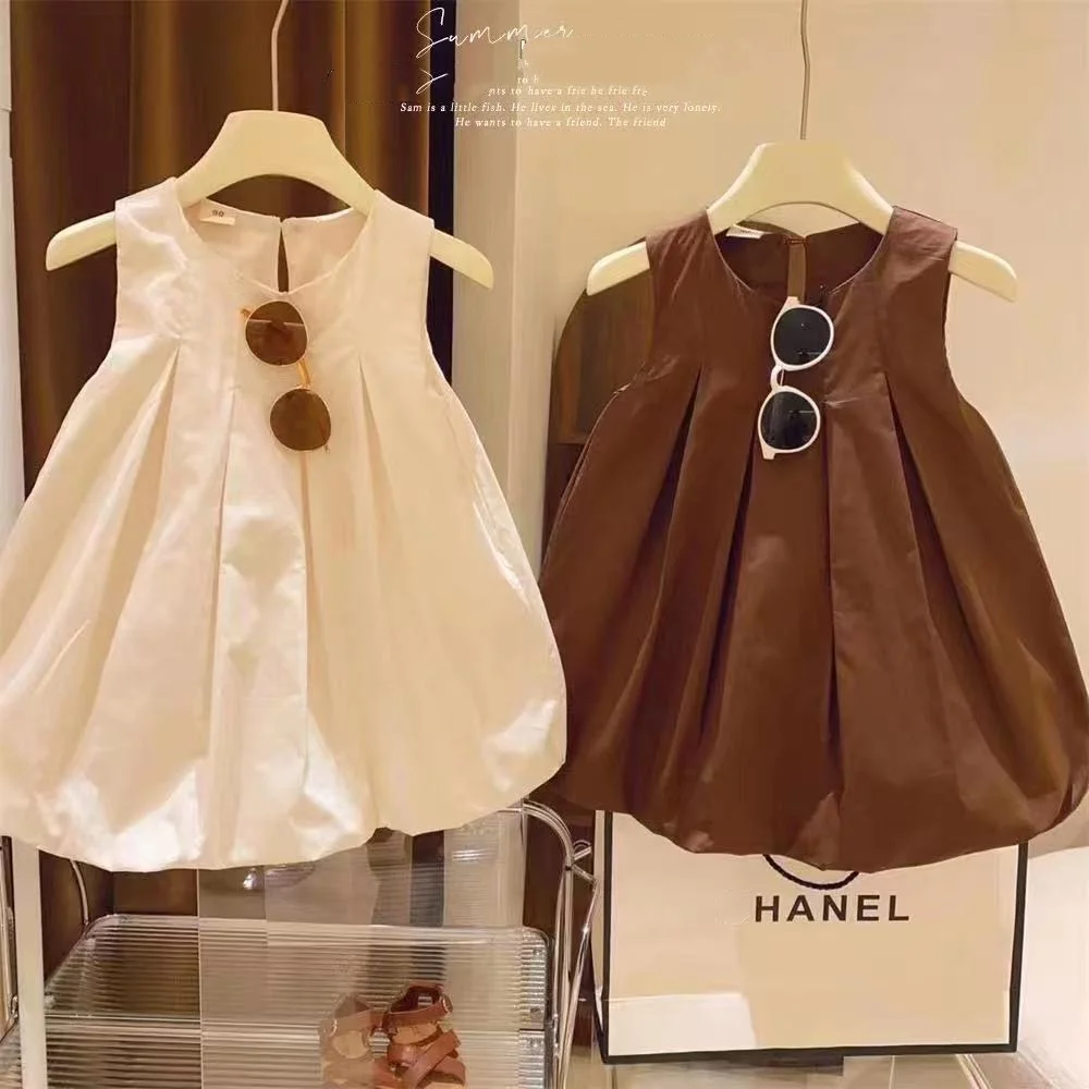 

Girls' Solid Color and Western-style Pleated Skirt Flower Bud Temperament Vest Princess Skirt 2025 Summer Dress for Children