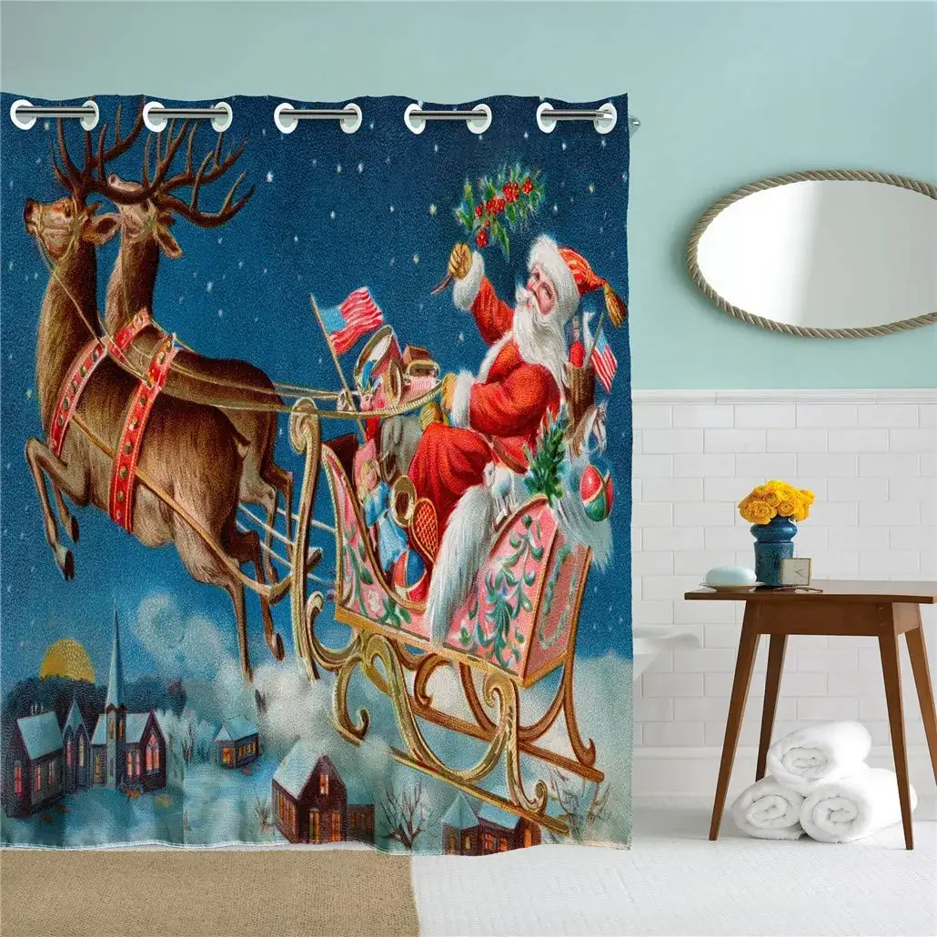 Christmas Xmas Santa Claus Driving Deer Car in Snow Town Polyester Bathroom Curtains