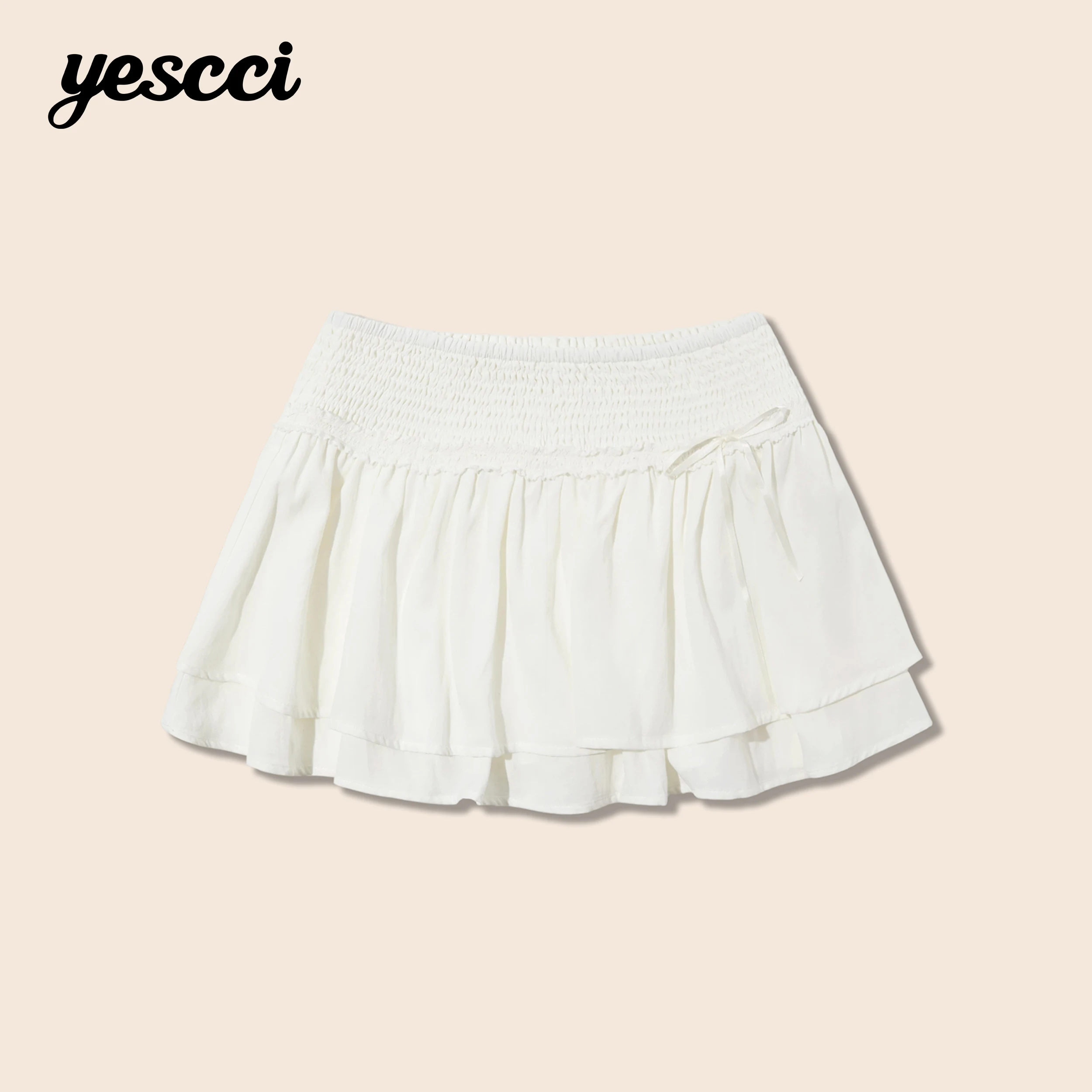 YESCCI A-Line Mini Skirt Elastic Waist Double Layer Ruffle White Skirt Moisture Wicking 2026 Summer Women's Clothing S56446130