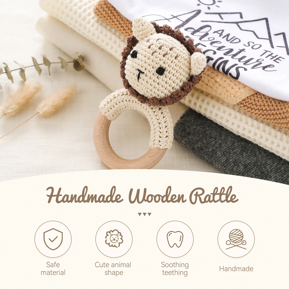 Crochet Animal Rattle Set Lion Puppy Handmade Natural Beech Wood Plush Cotton Shake to Sound Hearing Development Teething Toys