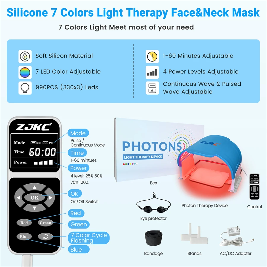 ZJKC 7 Color LED Facial Light Therapy Mask 990 LED Chips Red and Blue Light Face Mask Silicone Improve Skin Elasticity Whitening