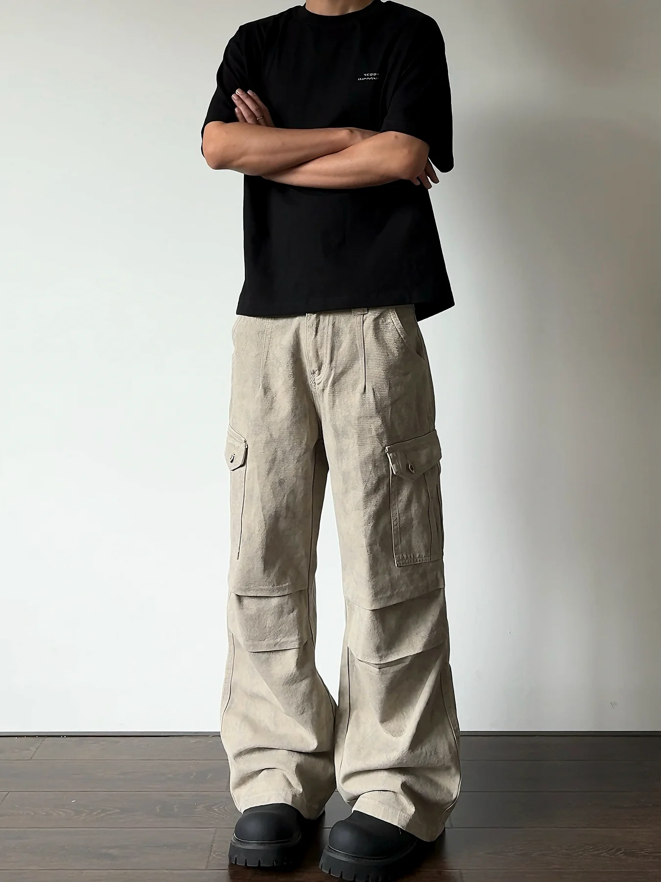 

American High Street Retro Marble Color Large Pocket Straight Loose Folded Cleanfit Work Pants Men's Loose Fit Jeans