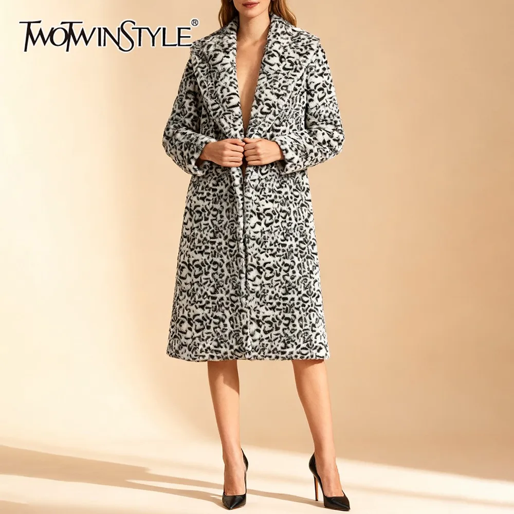 

TWOTWINSTYLE шерстяные пальто с принтом для женщин, модный свободный кардиган с лацканами и длинными рукавами, женская зимняя одежда