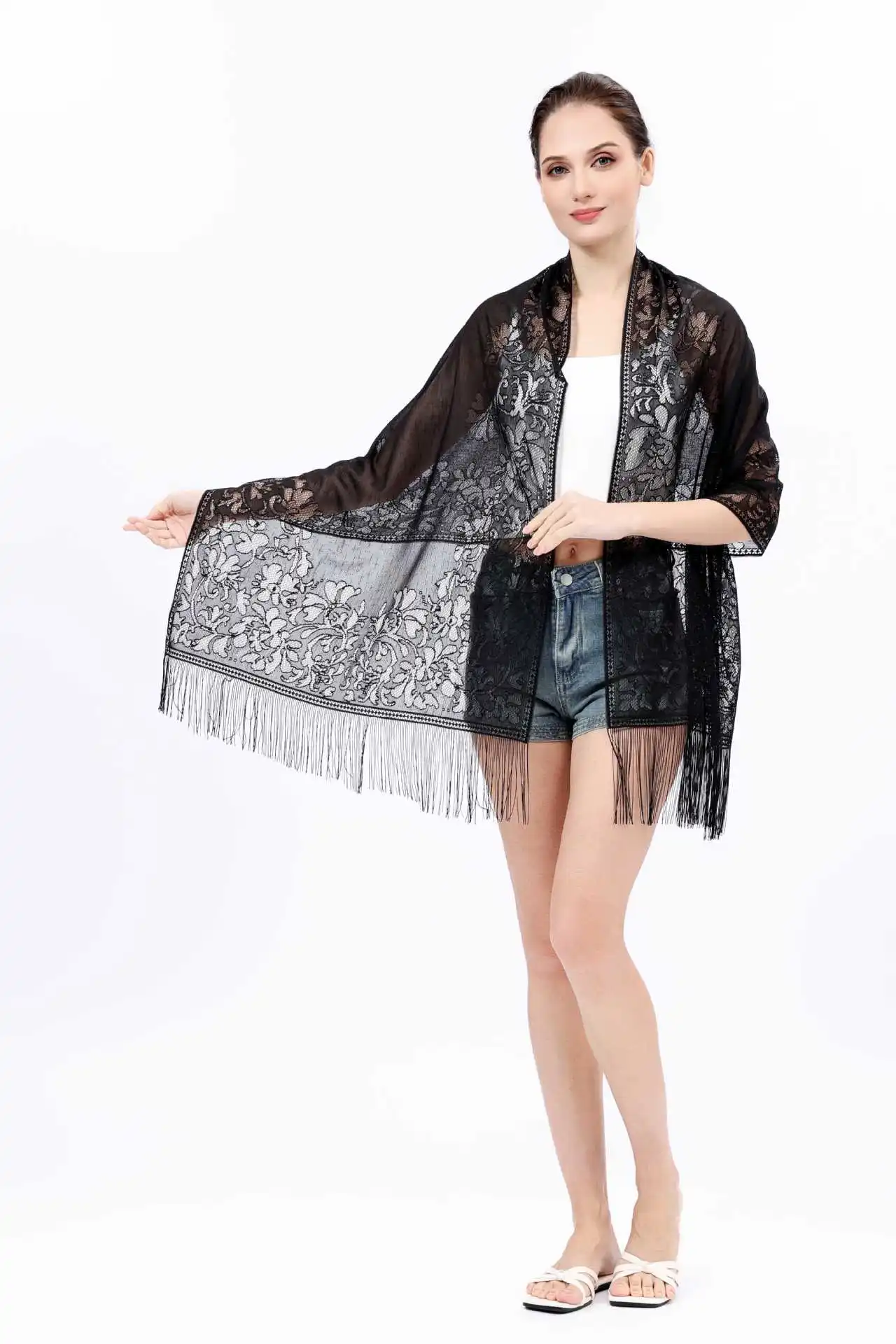 Ladies' Floral Lace Scarf Shawl with Tassels: The Perfect Wrap for Weddings, Evenings, and Elegant Outfits Ladies' Floral Lace Scarf Shawl with Tassels: The Perfect Wrap for Weddings, Evenings, and Elegant Outfits