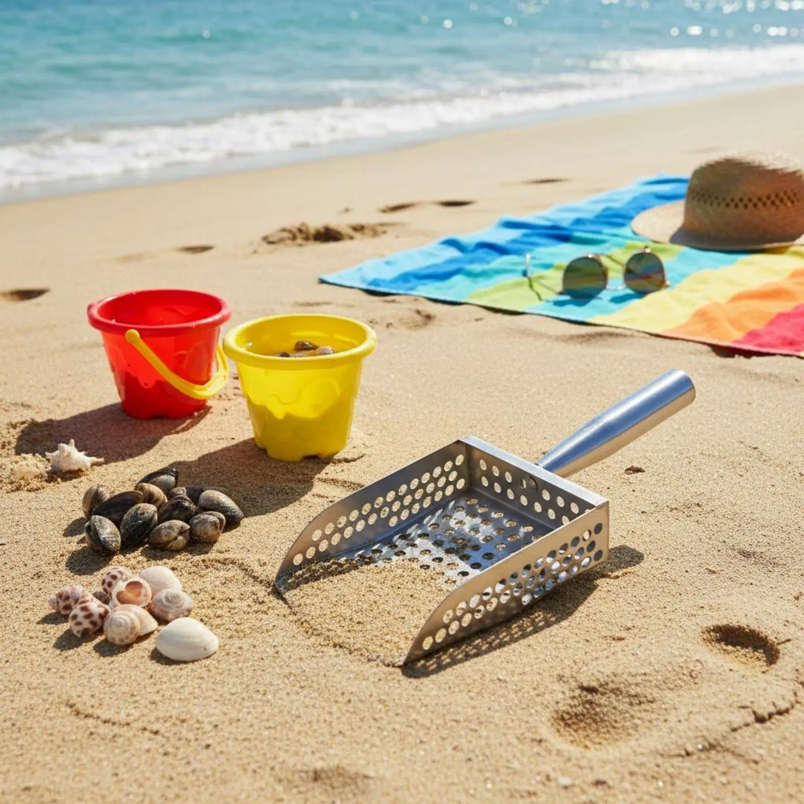 Metal Mesh Sand Sieve Shovel Beach Tools Sand Digger for Shoreline Sifting Shells and Efficient Collecting