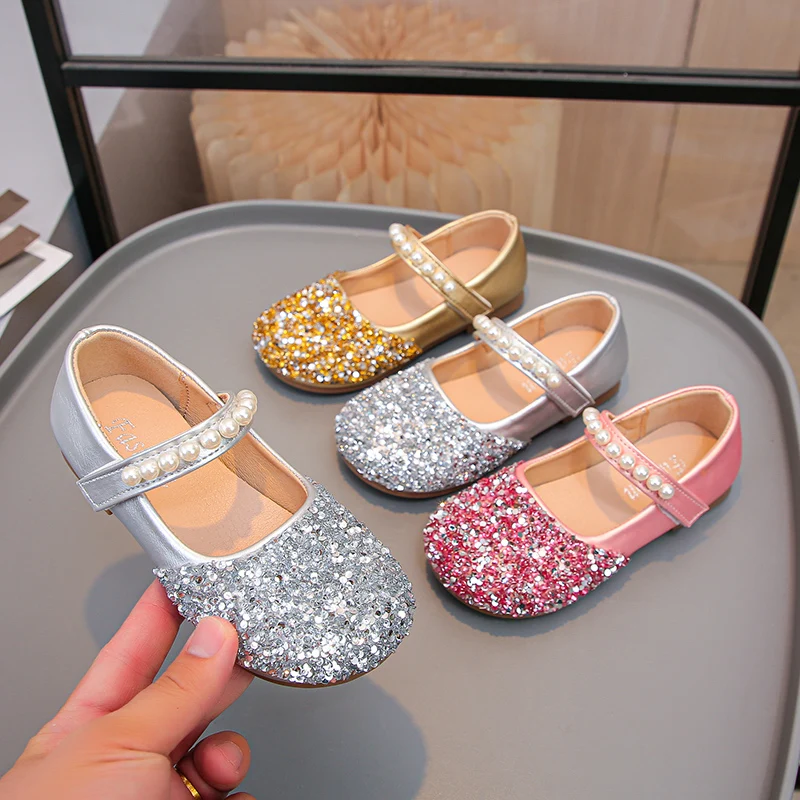 

2025 Autumn New Girls Performance Shoes Shiny Sequins Kids Flats Round Toes Children Leather Shoes Soild Color Sweet Versatile