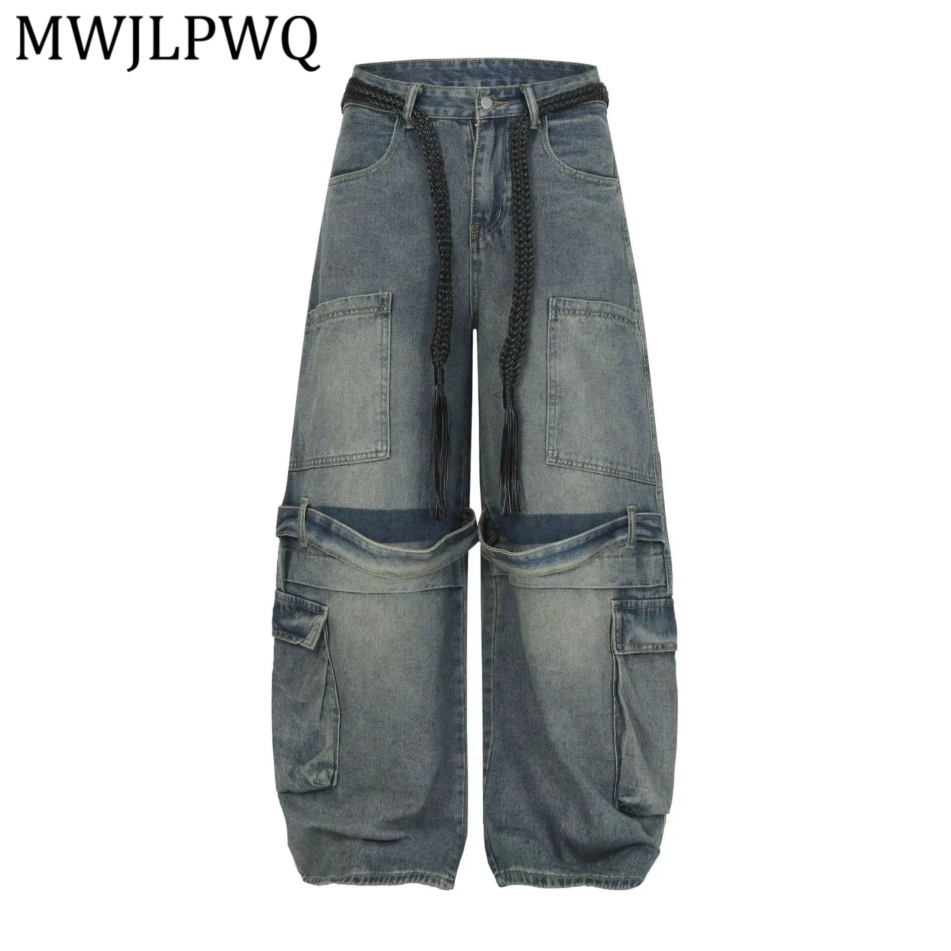 

MWJLPWQ High Street Spliced Lace Up Design Machete Jeans Men's American Style Multi-Pocket Trousers Loose Wide-Leg Pants 21950