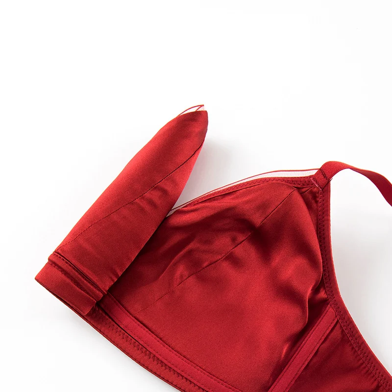 Women Silk Bra Set Red Color 100% Natural Silk Lining Thin Type Wireless Wire Free Bra With Panties Underwears Comfortable TG243