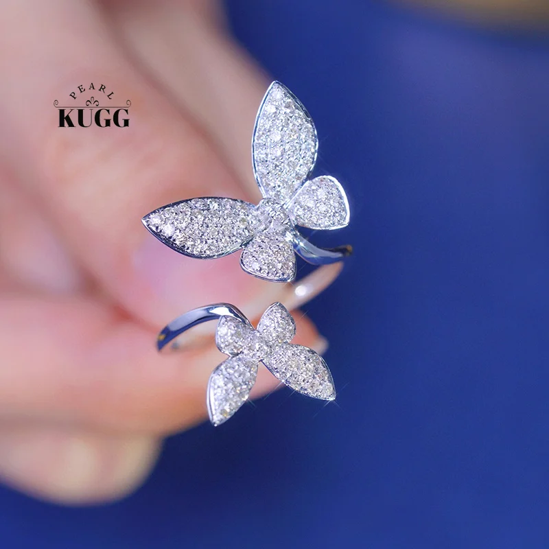 KUGG 100% 18K White Gold Rings Romantic Butterfly Shape 0.80carat Real Natural Diamond Engagement Ring for Women Party Jewelry