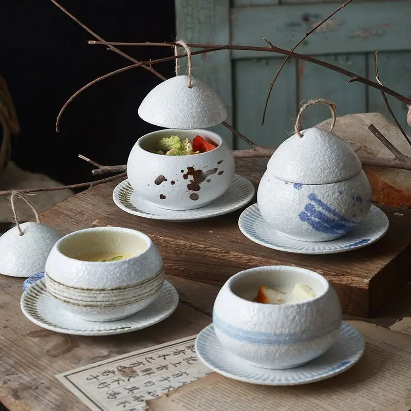 Japanese Ceramic Soup Pot with Creative Waterproof Cover Chassis Design, Household Dessert Bowl Soup Pots One Person Tableware